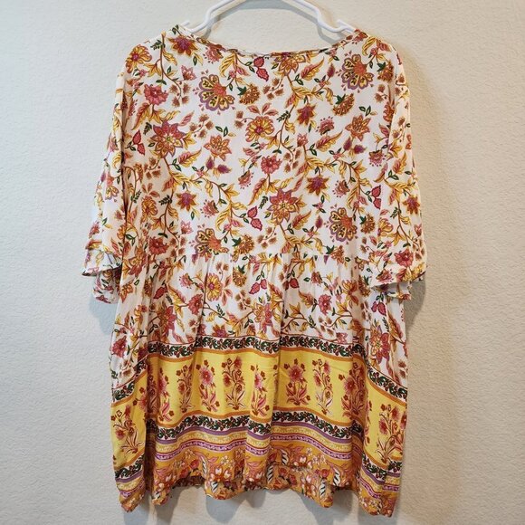 Rusttydustty White Yellow Pink Boho Bohemian Top 3XL XXXL 3X Floral - Picture 3 of 6